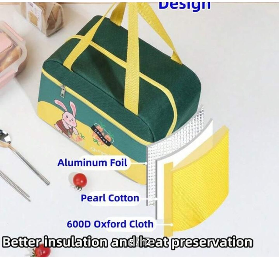 Oxford Cloth Insulated Lunch Bag For kids, Can Be Reused, Lovely Kawaii Leak-Proof Cartoon Pattern, For Office, Travel, school, Work, Picnic, Beach, Small Cooler, Food Thermal Bag