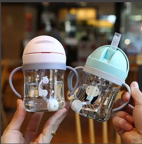 TOP QUALITY250ml Baby Water Bottle Learning Cup Anti Choke Non-spill Training Cup Leak-Proof Fee With Gravity Ball Straw