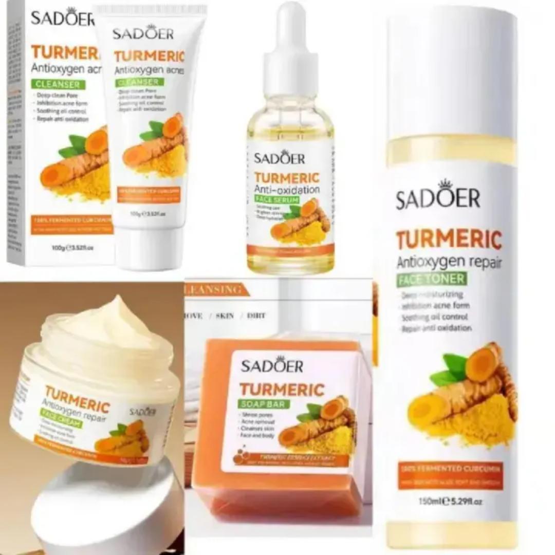 5 in 1 Sadoer Turmeric Set, Tumeric Cleanser + Face Serum +Face Toner + Face Cream + Tumeric Soap, with unparelled Vitamin C capabilities, Helps in Preven Acne, Sooth, Hydrate, Lighjten Acne Marks