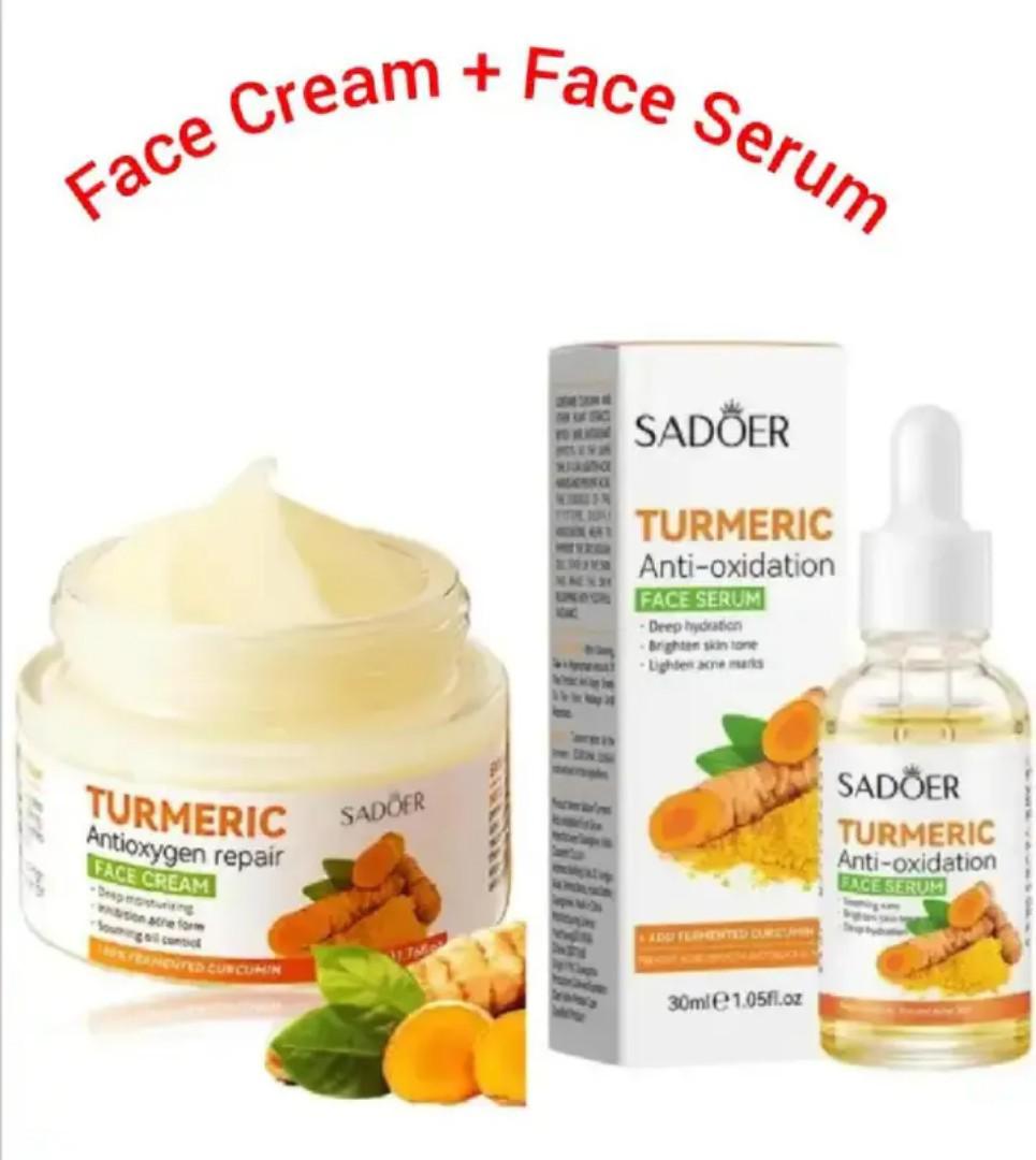 2 in 1, Sadoer Turmeric Cream + Tumeric Serum, the Combination of Sadoer Tumeric Cream and Turmeric Serum Guarantees Like Vitamin C, Deep Hydration, inhibits Acne formation, Lighten Acne Marks, Sooth