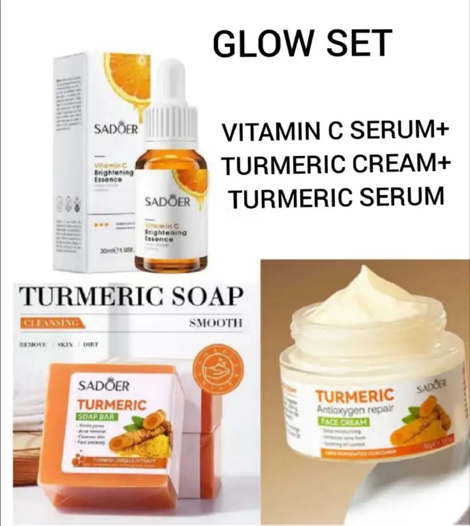 SADOER 3 In 1 The Glow Set Kit + Vitamin C Brightening Serum +Turmeric Cream + Moisturizing Tumeric Repair Serum