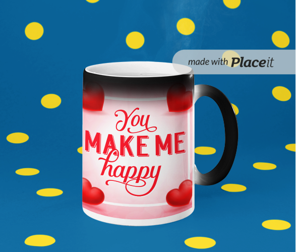 YOU MAKE ME HAPPY HEAT SENSITIVE COLOR CHANGING MAGIC MUG, 350 ml CAPACITY Black when cold, white and shows printed art when hot