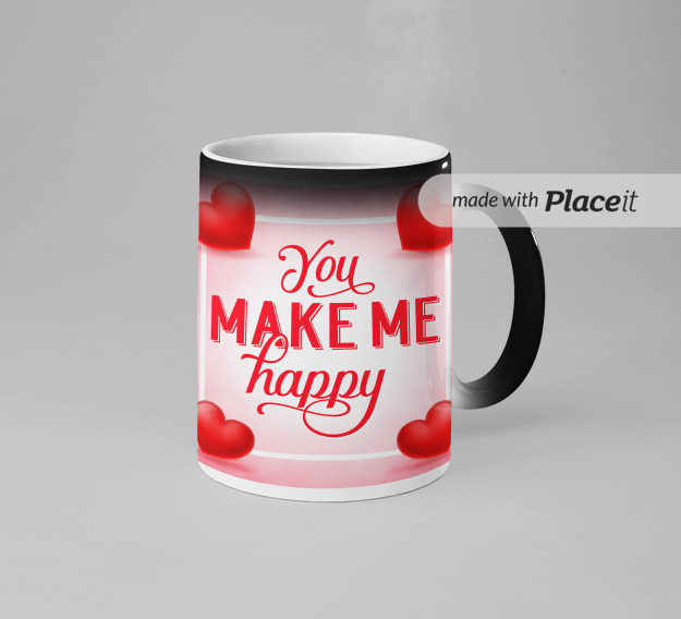 YOU MAKE ME HAPPY HEAT SENSITIVE COLOR CHANGING MAGIC MUG, 350 ml CAPACITY Black when cold, white and shows printed art when hot