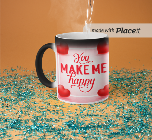 YOU MAKE ME HAPPY HEAT SENSITIVE COLOR CHANGING MAGIC MUG, 350 ml CAPACITY Black when cold, white and shows printed art when hot