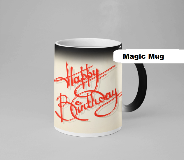 HAPPY BIRTHDAY HEAT SENSITIVE COLOR CHANGING MAGIC MUG GIFT, 350 ml CAPACITY Black when cold, white and shows printed art when hot