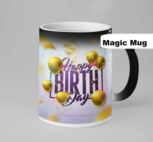 HAPPY BIRTHDAY HEAT SENSITIVE COLOR CHANGING MAGIC MUG GIFT, 350 ml CAPACITY Black when cold, white and shows printed art when hot