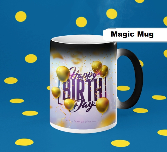 HAPPY BIRTHDAY HEAT SENSITIVE COLOR CHANGING MAGIC MUG GIFT, 350 ml CAPACITY Black when cold, white and shows printed art when hot