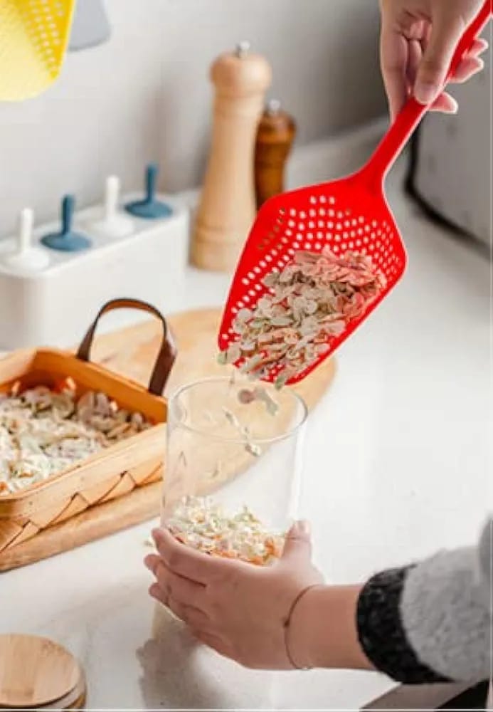 Plastic Minji Spoon and Strainer with a non-slip handle Large Scoop Colanders Strainers, 13.5'' Pasta Strainer, Spaghetti Spoon, Slotted Ladle for Draining Spaghetti, Noodles, Veggies, Boiled Eggs