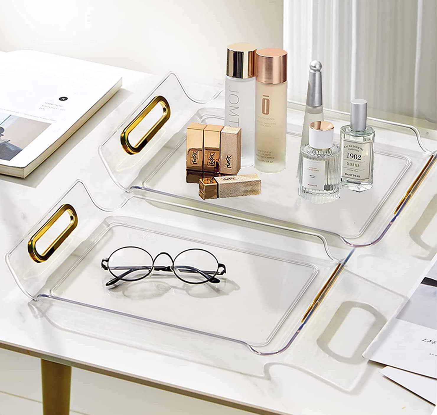 Serving Tray with Handles, Clear Acrylic Decorative Trays Platter for Coffee Table, Breakfast in Bed with Placemat, Vanity Tray for Bathroom and Tray for Party Snack Dessert, 37x26cm