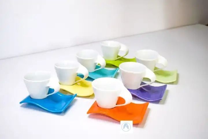 6pc fancy expresso white cup coloured saucer ,Classic design fit any kitchen style Each mug in porcelain drinkware set of six is dishwasher safe for easy cleaning, Slim and small enough for smart cup