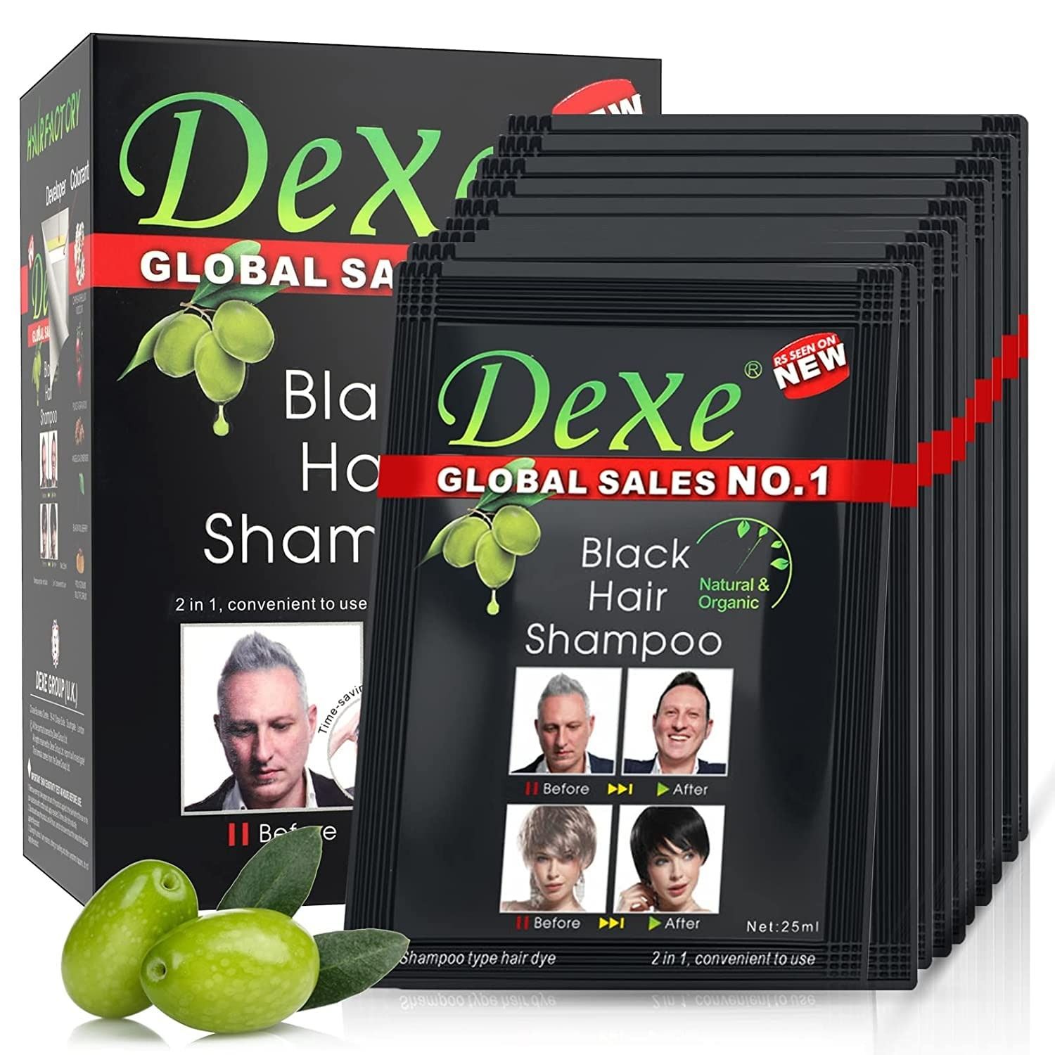 Dexe Instant Black Hair Shampoo Dye 10 Pcs Sachet  Black Colour For Men and Women Covers White and Grey hair