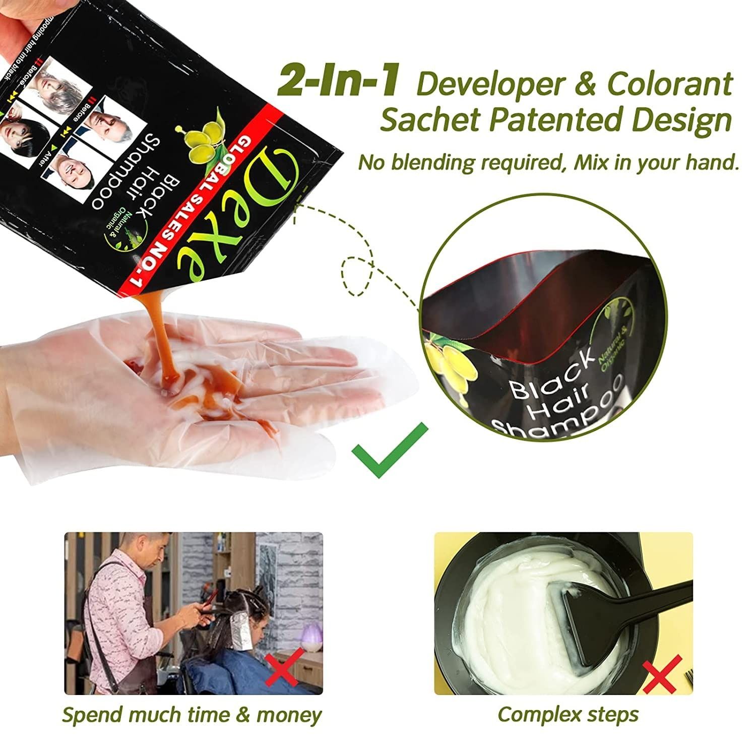 Dexe Instant Black Hair Shampoo Dye 10 Pcs Sachet  Black Colour For Men and Women Covers White and Grey hair