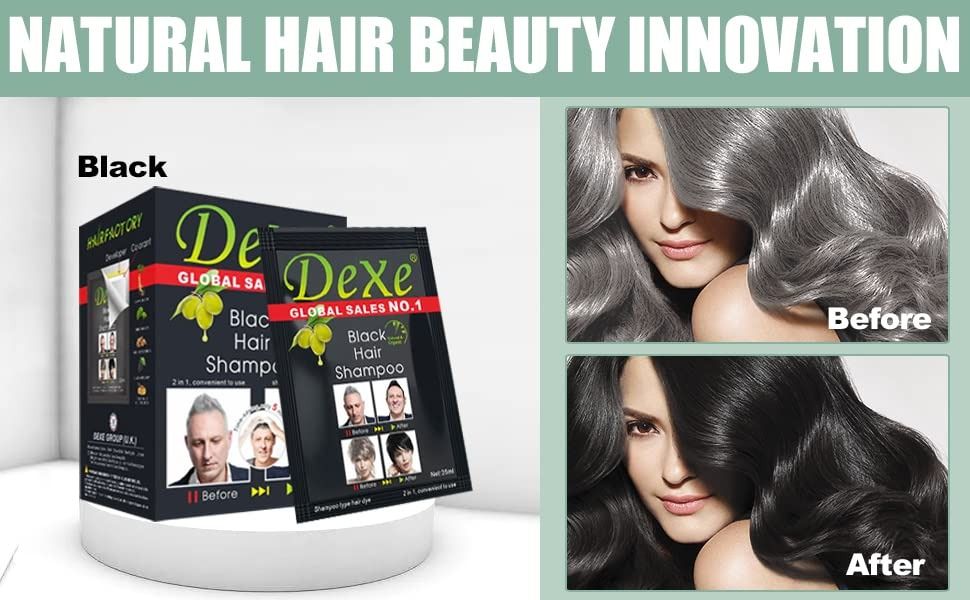 Dexe Instant Black Hair Shampoo Dye 10 Pcs Sachet  Black Colour For Men and Women Covers White and Grey hair