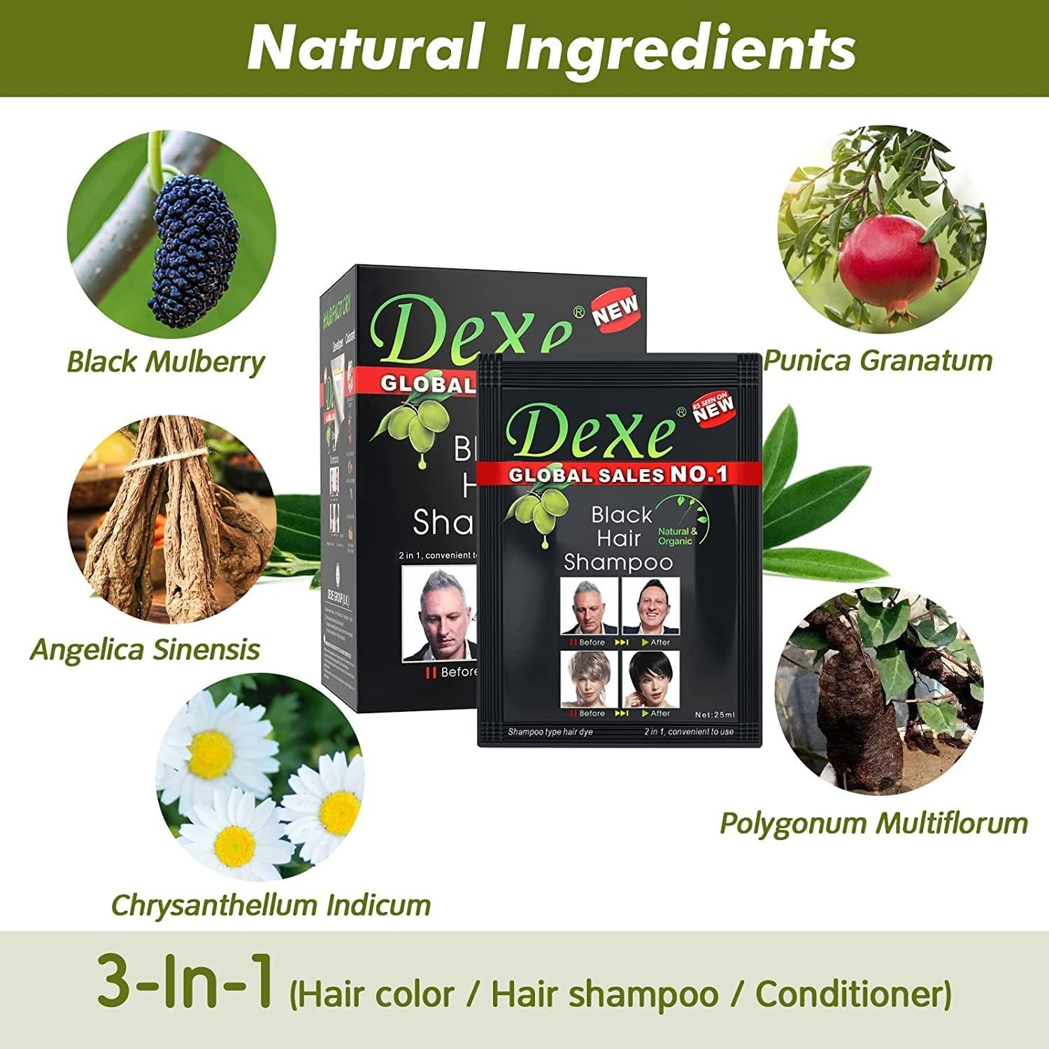 Dexe Instant Black Hair Shampoo Dye 10 Pcs Sachet  Black Colour For Men and Women Covers White and Grey hair