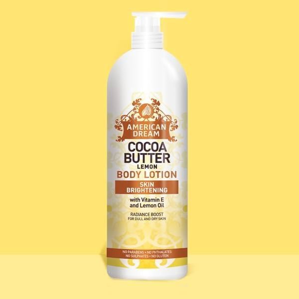 American Dream Cocoa Butter Lemon  Body Lotion Skin Brightening with Vitamin E and Lemon Oil Deep Hydration & Even Skin Tone Fast Absorbing & Non-Greasy Deep Moisturization