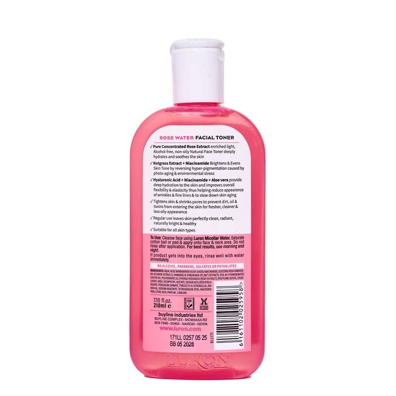 Luron Rose Water Facial Toner Soothing AntiAging Rose Water Facial Toner 210ml pH-balances, Hydrates, Refreshes Brightens Glow Even Tone Soothes your skin Hyaluronic Acid Niacinamide