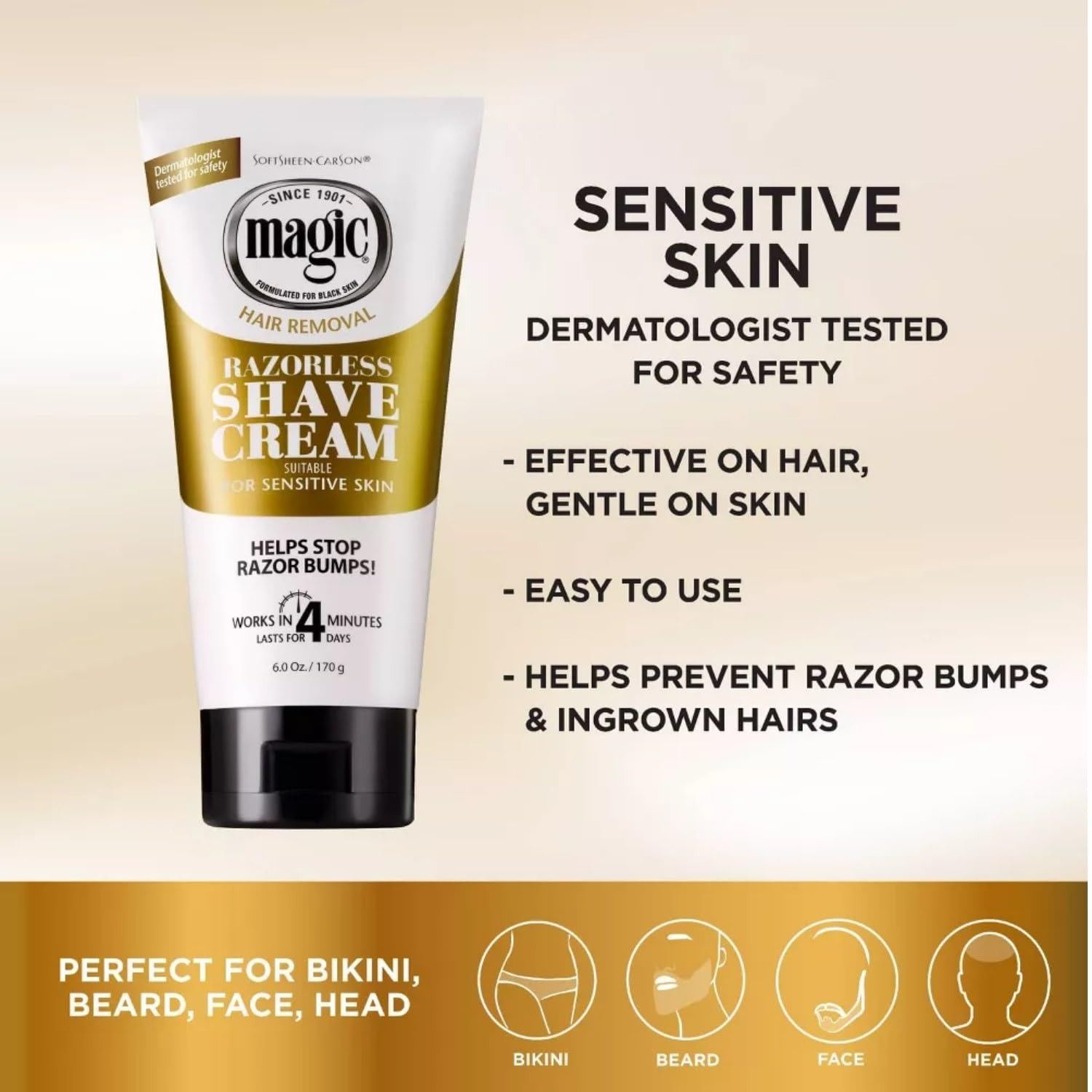 Magic Razorless Cream Shave, Bald Smooth Head Maintenance Sensitive Skin Depilatory Hair Removal Cream for Body Hair, Regular Strength, Works in 4 Minutes