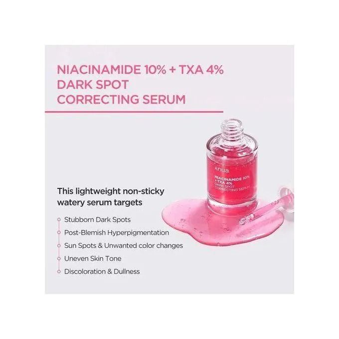 Anua Dark Spot Correcting Serum - Niacinamide 10% + TXA 4%  30ml Reduce the appearance of dark spots and hyperpigmentation ,Lightweight Formula: Absorbs quickly without leaving residue