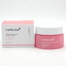 Medicube PDRN Pink Collagen Capsule Cream, containing collagen, niacinamide, and hyaluronic acid, designed to firm, brighten, hydrate, and strengthen the skin barrier for a radiant glass-skin glow