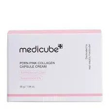 Medicube PDRN Pink Collagen Capsule Cream, containing collagen, niacinamide, and hyaluronic acid, designed to firm, brighten, hydrate, and strengthen the skin barrier for a radiant glass-skin glow