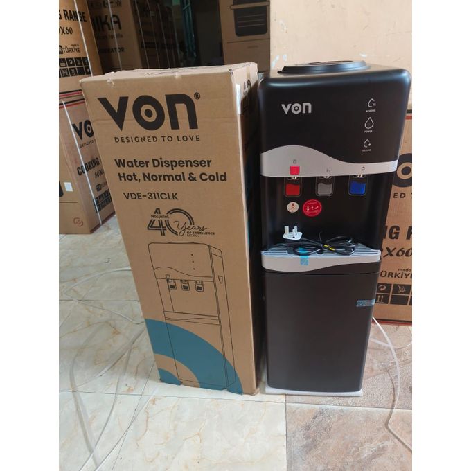 VON HOTPOINT 3 TAP HOT, COLD & NORMAL FREE STANDING WATER DISPENSER - BLACK
with child lock on the faucet