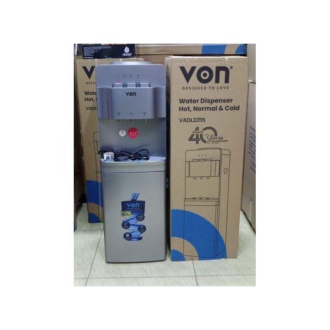 VON Water Dispenser 3 Tap Hot & Cold & Normal Electric Cooling With Cabinet Push Button Child Lock Safety- SILVER