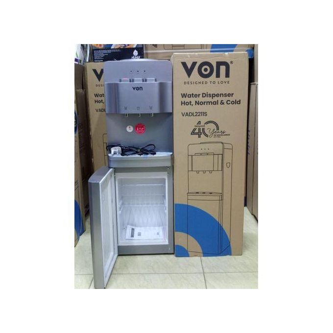 VON Water Dispenser 3 Tap Hot & Cold & Normal Electric Cooling With Cabinet Push Button Child Lock Safety- SILVER