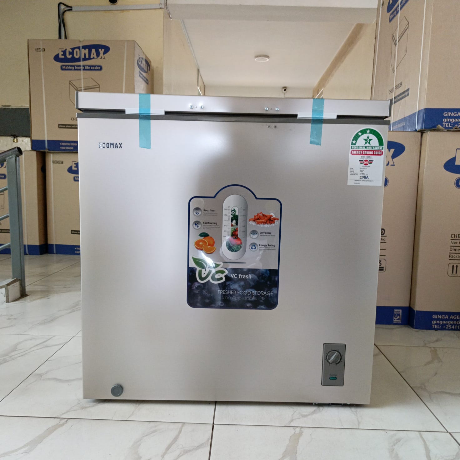 Ecomax 198L Chest Freezer, Energy Saving, Large Capacity, Sliding Glass, Removable Basket, Door lock and Handle