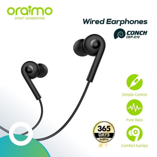 Oraimo wired Earphones with Strong Pure Bass, HD Sound with Mic, ultimate comfort eartips