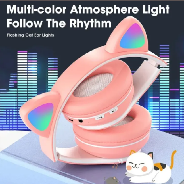 Cat Headphones, Cute flash light, Multicolor Girl Headphones, Pink, Black, Purple, Blue Head-mounted 5.0 Headset With Mic
