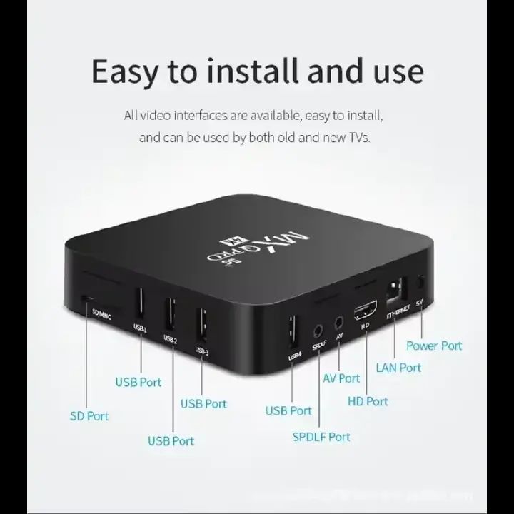 MXQ Pro 4K Android TV Box, 4K Smart box, Android apps, WIFI, ETHERNET. 2GB (RAM) + 16GB storage, Android 12, Streaming apps, with HDMI, Bluetooth, USB ports, supports wireless mouse and keyboard