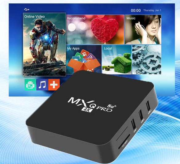 MXQ Pro 4K Android TV Box, 4K Smart box, Android apps, WIFI, ETHERNET. 2GB (RAM) + 16GB storage, Android 12, Streaming apps, with HDMI, Bluetooth, USB ports, supports wireless mouse and keyboard