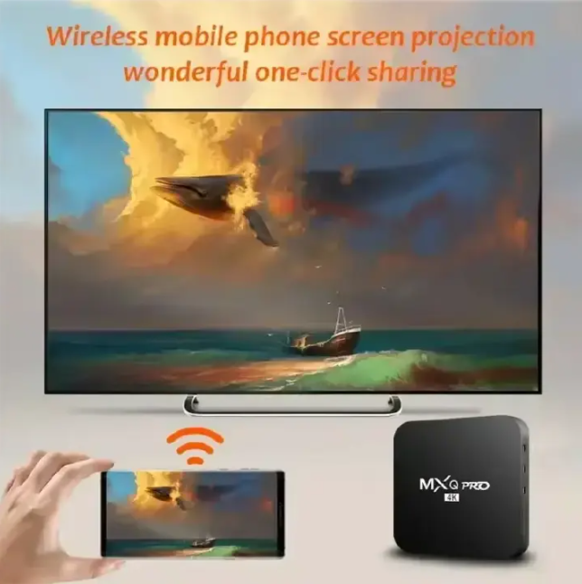 MXQ Pro 4K Android TV Box, 4K Smart box, Android apps, WIFI, ETHERNET. 2GB (RAM) + 16GB storage, Android 12, Streaming apps, with HDMI, Bluetooth, USB ports, supports wireless mouse and keyboard