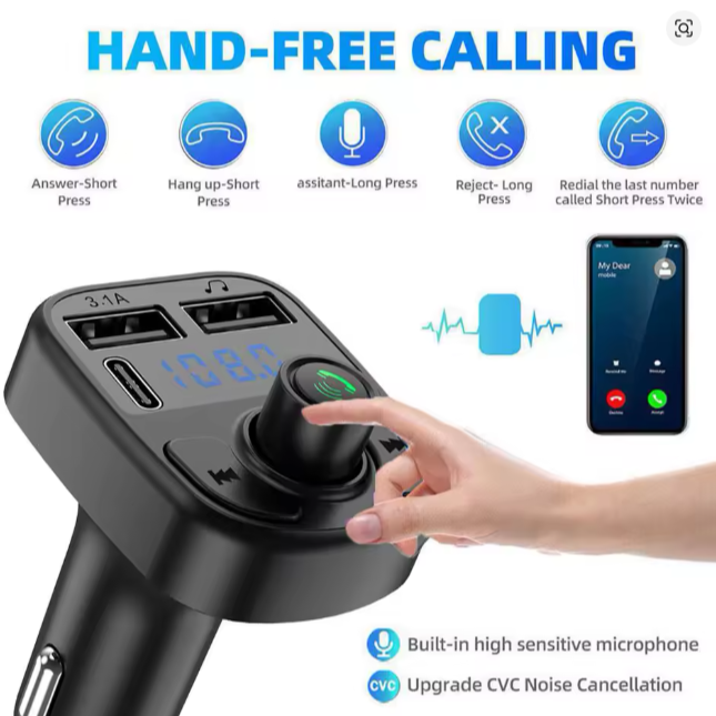C1 Smart Bluetooth Car MP3 Player & Wireless FM Transmitter with two USB Charging port and one TYPE-C output port and TF Card Slot