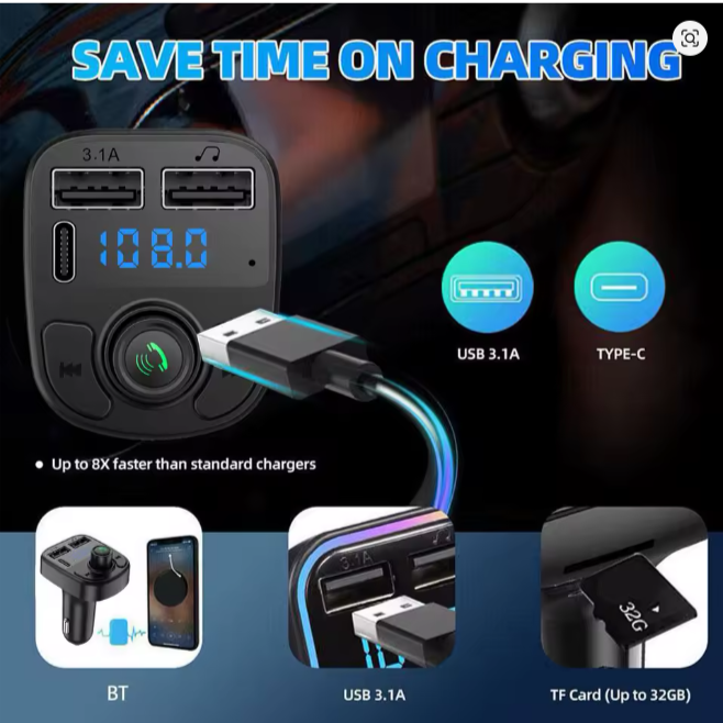 C1 Smart Bluetooth Car MP3 Player & Wireless FM Transmitter with two USB Charging port and one TYPE-C output port and TF Card Slot