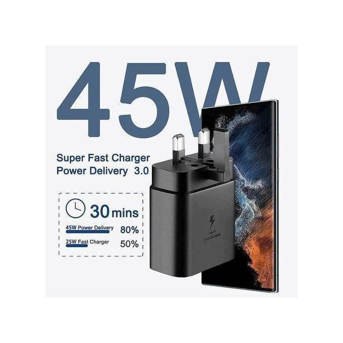 Samsung Complete 45W Type-C fast charger set featuring a Type-C output adapter and C-to-C data cable for super-fast charging