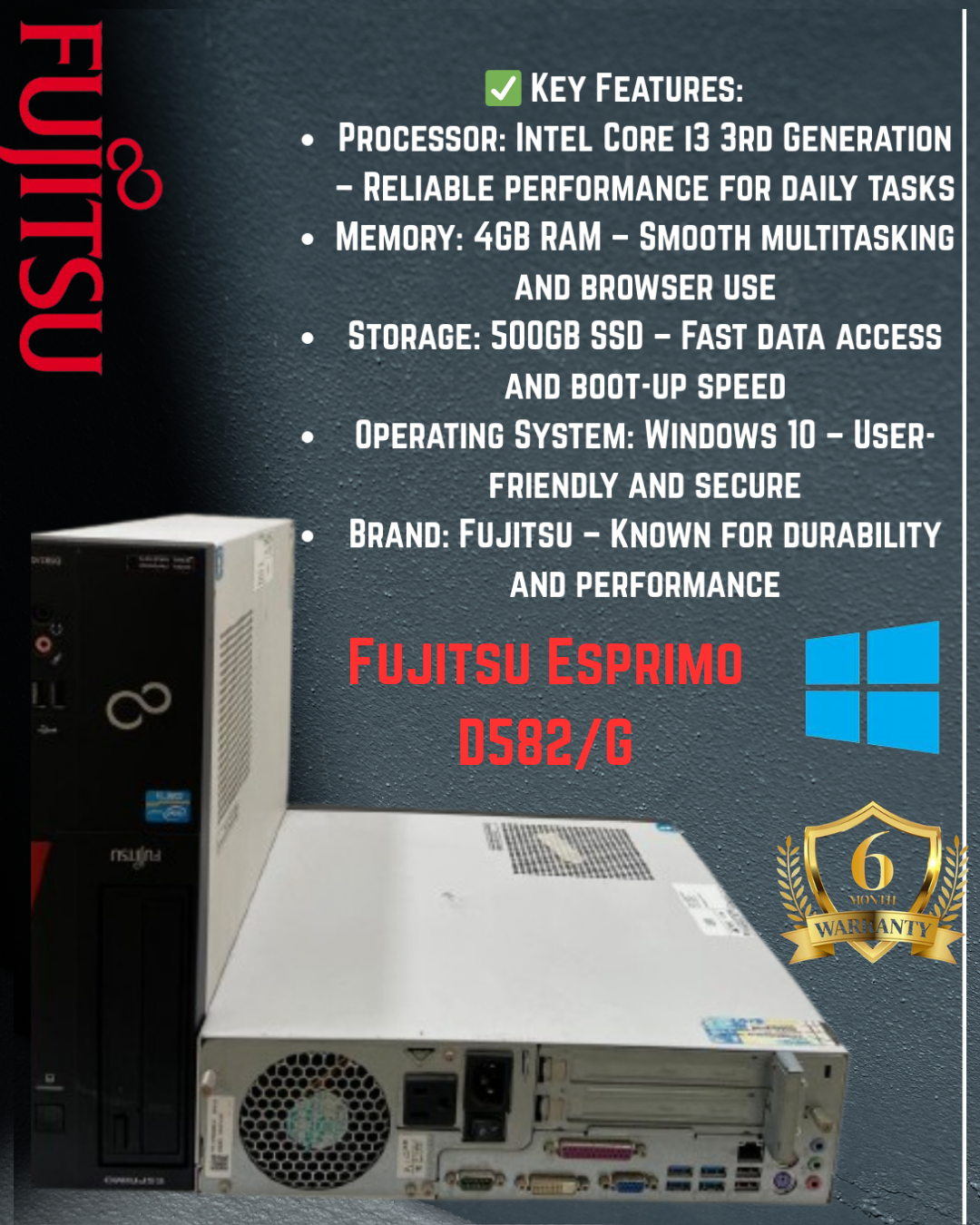 "Fujitsu Esprimo D582/G Tower Desktop - Intel Core i3 3rd Gen, 4GB RAM, 500GB HDD, Windows 10"