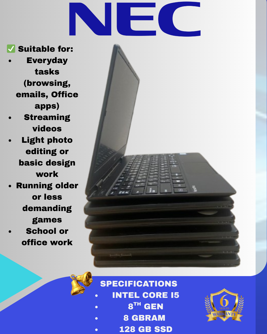 REFURBISHED; NEC VKT13HZG5 - Intel Core i5 8th Gen, 8GB RAM, 128GB SSD - Compact Business Laptop