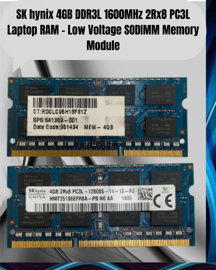 "8GB DDR3L 1600MHz RAM | PC3L-12800 CL11 1.35V Low Voltage Laptop Memory Module" / SK hynix 4GB DDR3L 1600MHz 2Rx8 PC3L Laptop RAM – Low Voltage SODIMM Memory Module
