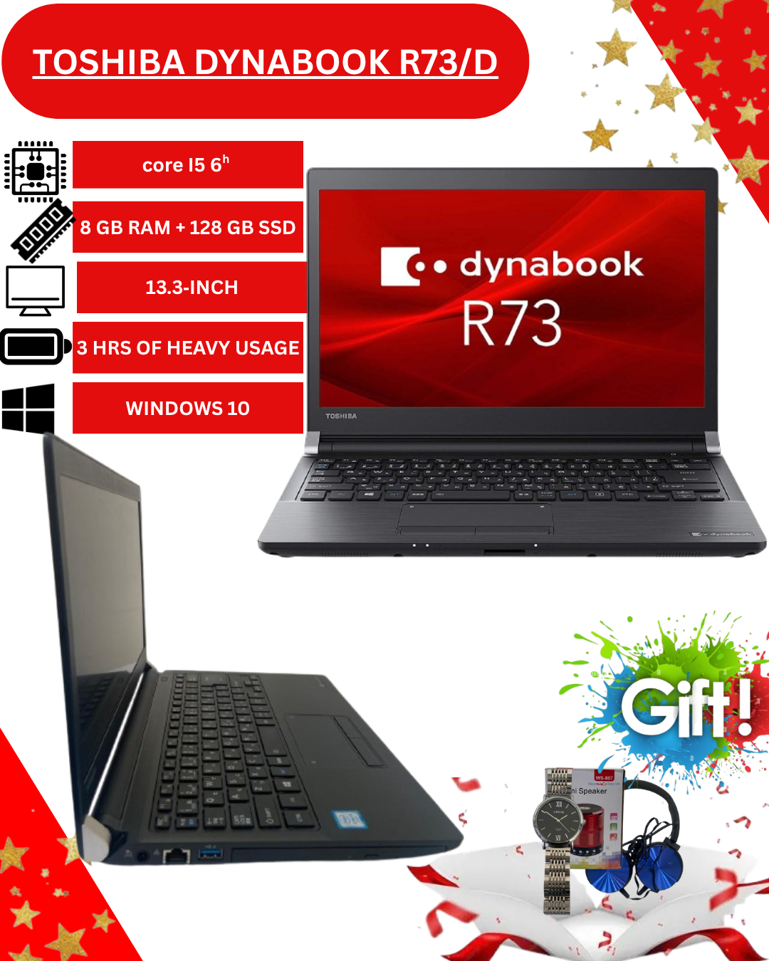 Toshiba Dynabook R73/D Laptop – Intel Core i5 6th Gen, 8GB RAM, 128GB SSD, 13.3" HD Display, Windows 10 – Lightweight Business Notebook.