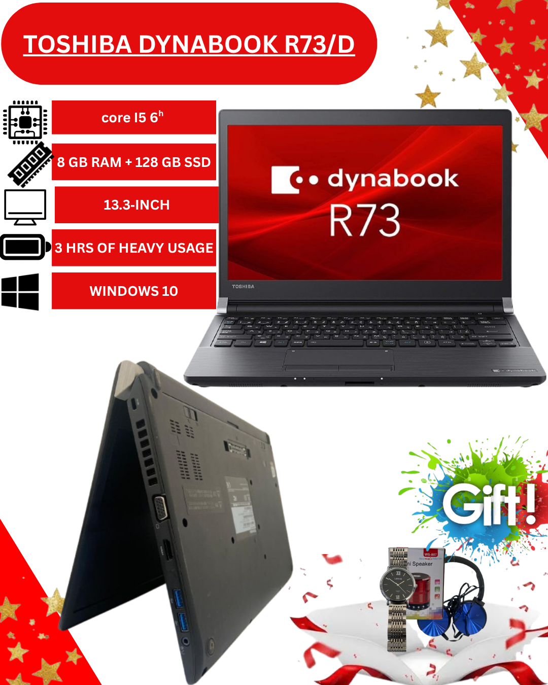Toshiba Dynabook R73/D Laptop – Intel Core i5 6th Gen, 8GB RAM, 128GB SSD, 13.3" HD Display, Windows 10 – Lightweight Business Notebook.