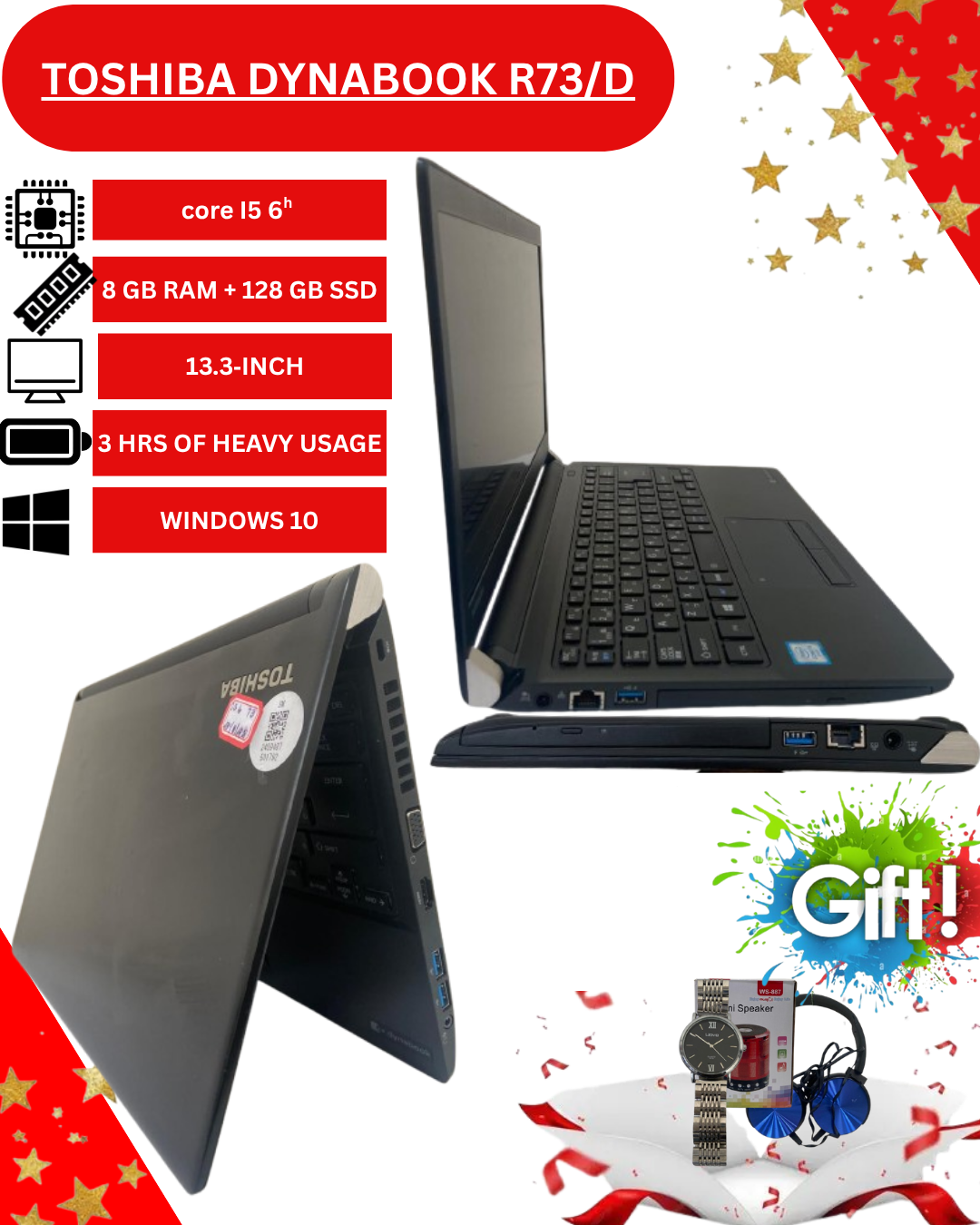Toshiba Dynabook R73/D Laptop – Intel Core i5 6th Gen, 8GB RAM, 128GB SSD, 13.3" HD Display, Windows 10 – Lightweight Business Notebook.
