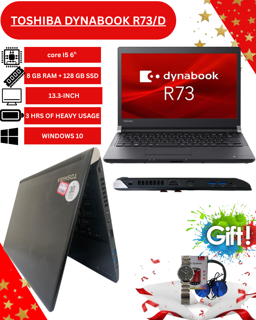 Toshiba Dynabook R73/D Laptop – Intel Core i5 6th Gen, 8GB RAM, 128GB SSD, 13.3" HD Display, Windows 10 – Lightweight Business Notebook.