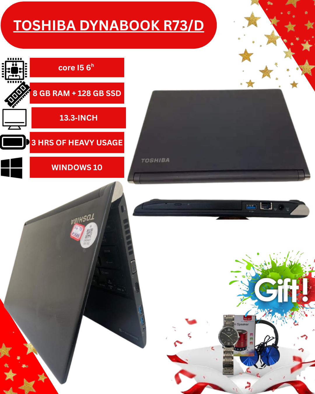 Toshiba Dynabook R73/D Laptop – Intel Core i5 6th Gen, 8GB RAM, 128GB SSD, 13.3" HD Display, Windows 10 – Lightweight Business Notebook.