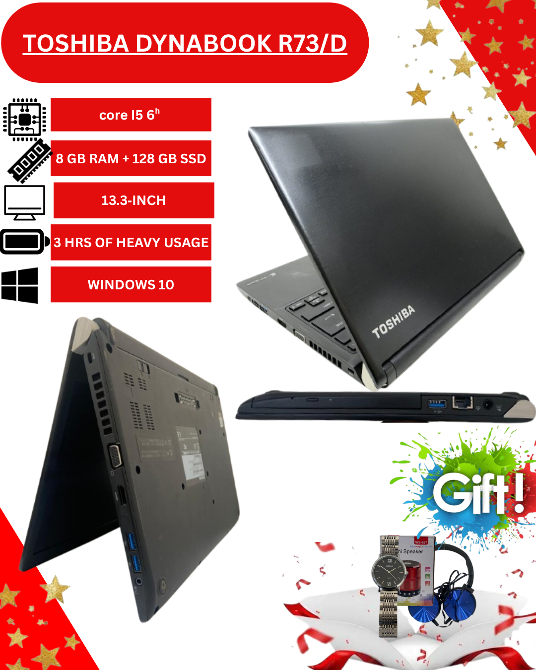 Toshiba Dynabook R73/D Laptop – Intel Core i5 6th Gen, 8GB RAM, 128GB SSD, 13.3" HD Display, Windows 10 – Lightweight Business Notebook.