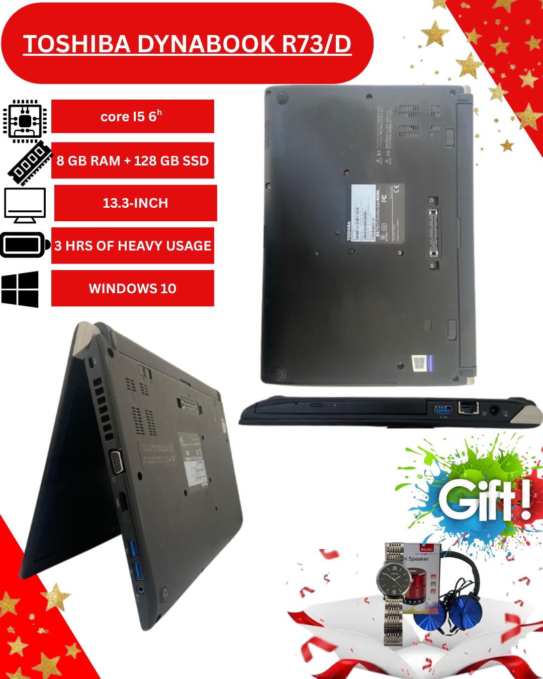 Toshiba Dynabook R73/D Laptop – Intel Core i5 6th Gen, 8GB RAM, 128GB SSD, 13.3" HD Display, Windows 10 – Lightweight Business Notebook.