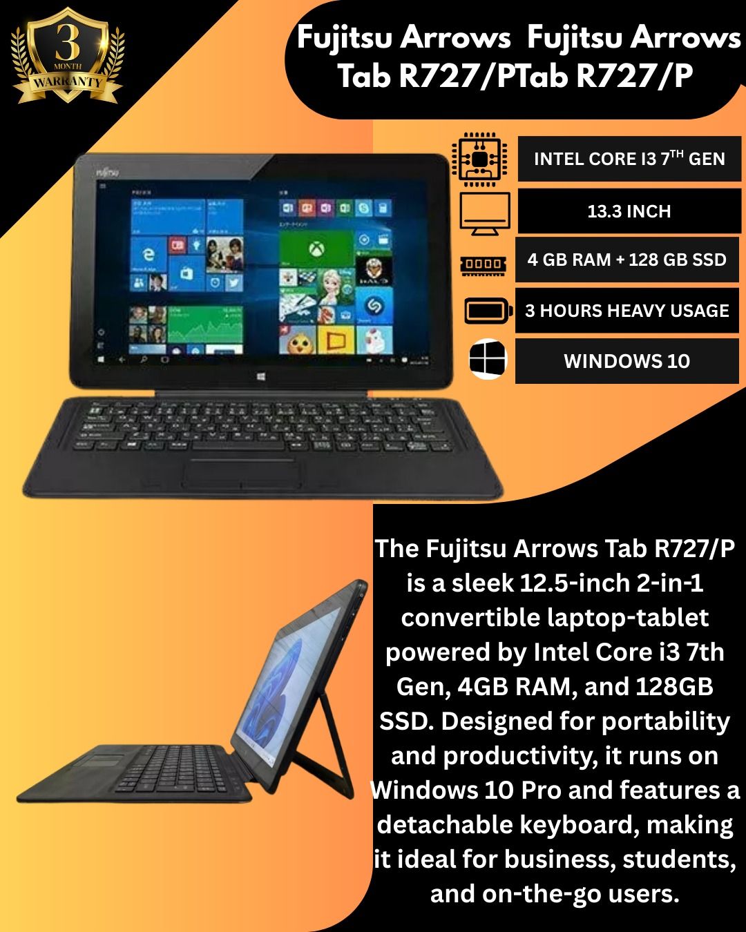 Refurbished Fujitsu Arrows Tab R727/P – 12.5-Inch Full HD 2-in-1 Business Tablet PC | Intel Core i3 7th Gen Processor | 4GB RAM | 128GB SSD | Windows 10 Pro | Lightweight & Portable for Work and Produ