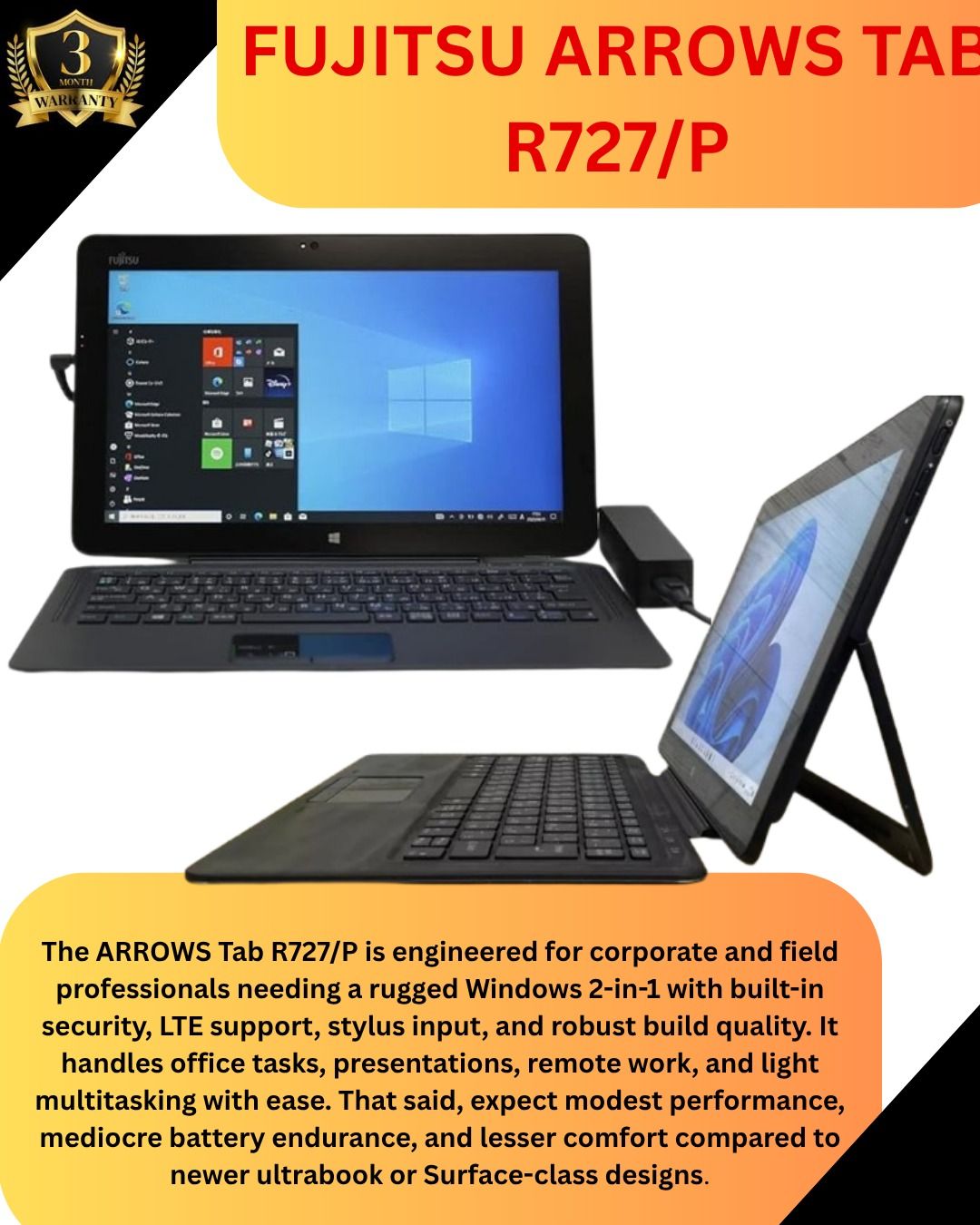 Refurbished Fujitsu Arrows Tab R727/P – 12.5-Inch Full HD 2-in-1 Business Tablet PC | Intel Core i3 7th Gen Processor | 4GB RAM | 128GB SSD | Windows 10 Pro | Lightweight & Portable for Work and Produ