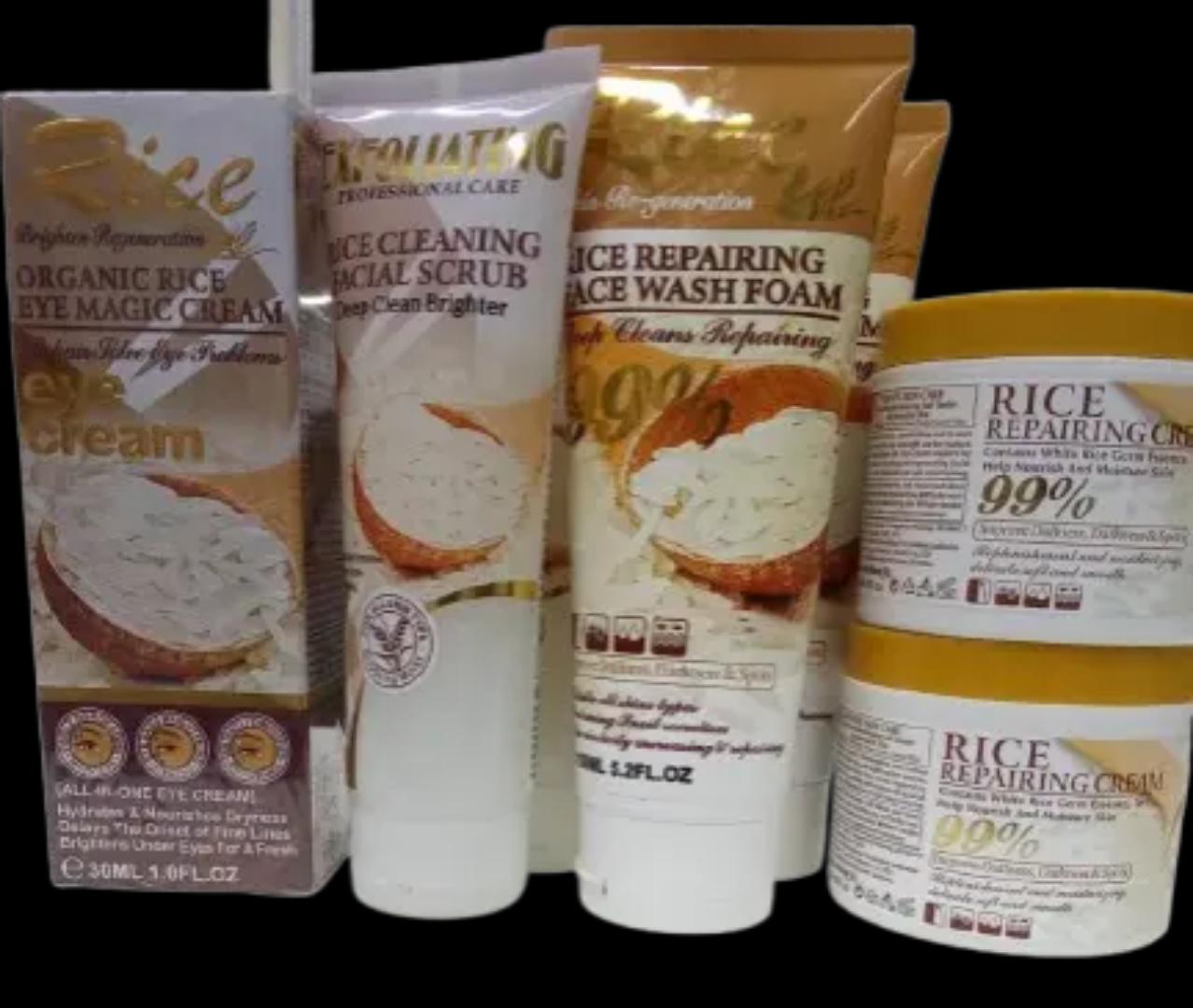 Rice facial set of 4 now available. Consists of a scrub, face wash, eye cream and face cream. Use this set to achieve an even tone, smooth and glowing skin  for men and women