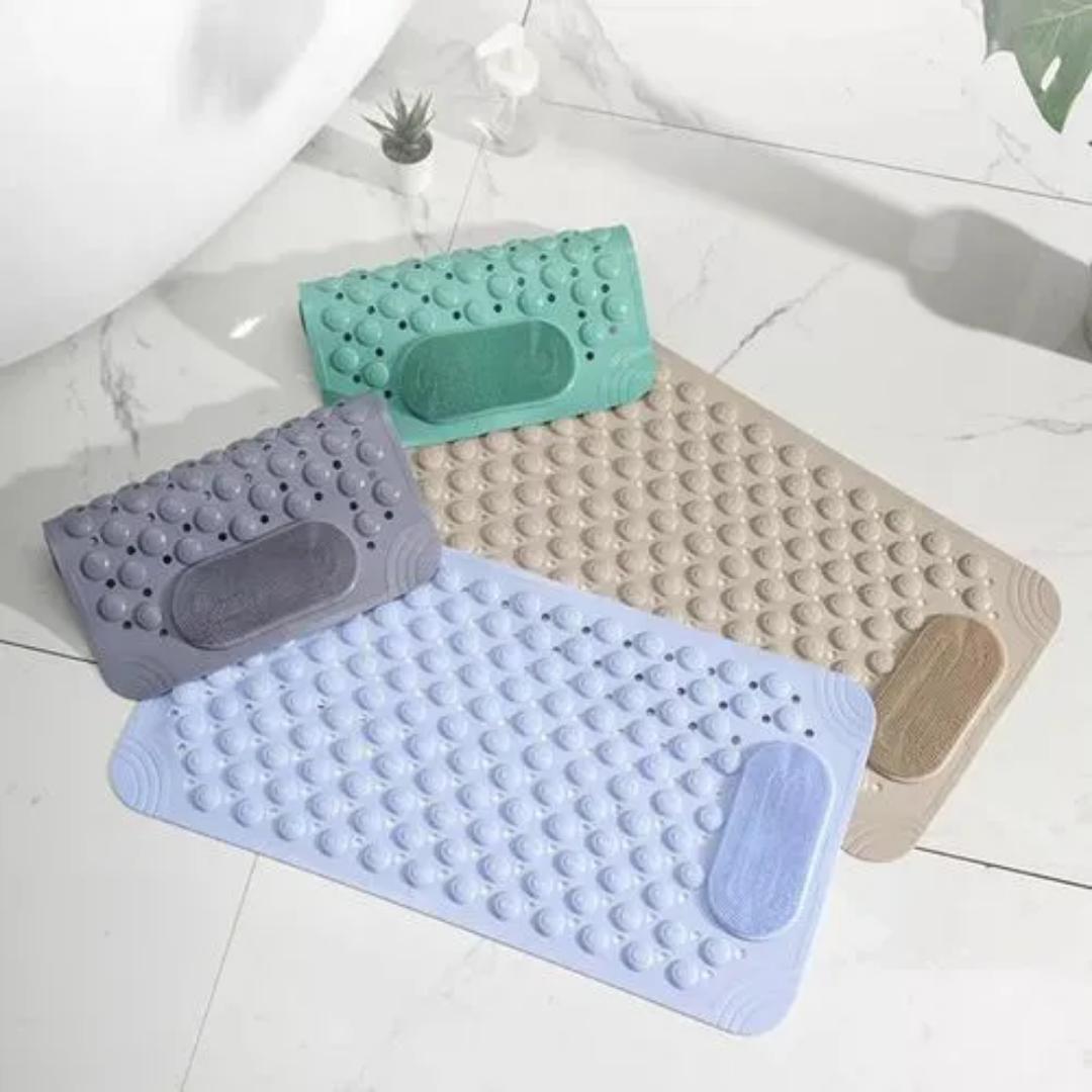 Antislip Bathroom Mat With Foot Scrubber/Massager Quick Drainage: The shower floor mat constructed with drainage holes which accelerate the water and air circulation